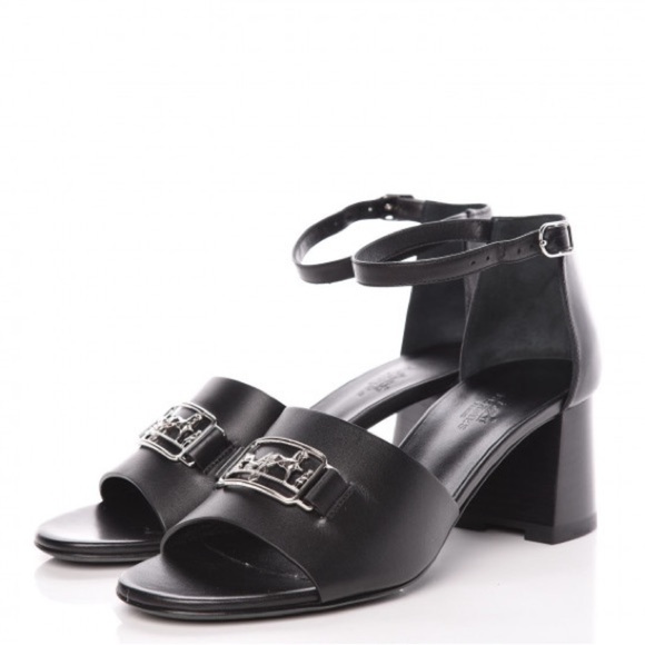 HERMES Viaggio 60 Calfskin Leather Ankle Strap Sandals 35 Black
